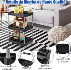 Chariot Service Atelier Chariot Outils à 3 Niveaux avec Porte Bouteilles Porte Outils Moulés Poignée Ergonomique