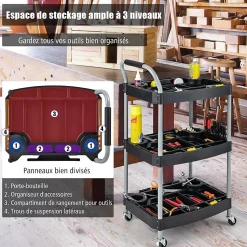 Chariot Service Atelier Chariot Outils à 3 Niveaux avec Porte Bouteilles Porte Outils Moulés Poignée Ergonomique