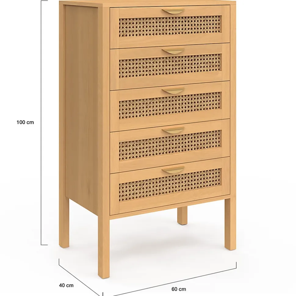 Chiffonnier 5 tiroirs EDHEN 60 cm bois et cannage