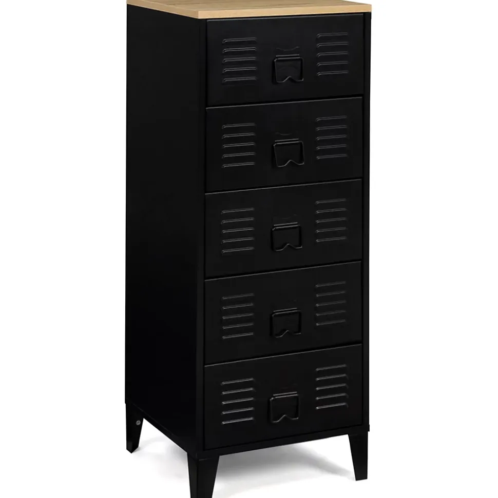 Chiffonnier 5 tiroirs ESTER 40 cm métal noir et plateau façon hêtre design industriel