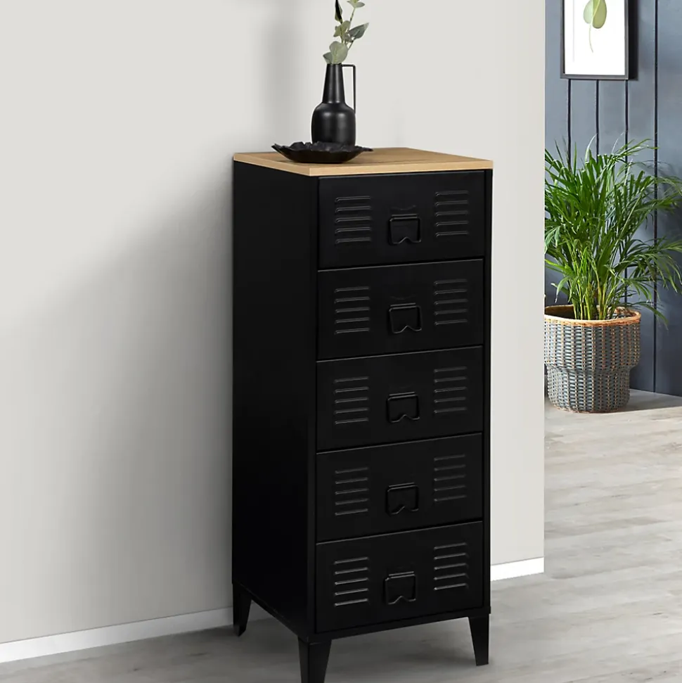 Chiffonnier 5 tiroirs ESTER 40 cm métal noir et plateau façon hêtre design industriel