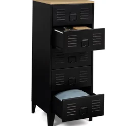 Chiffonnier 5 tiroirs ESTER 40 cm métal noir et plateau façon hêtre design industriel