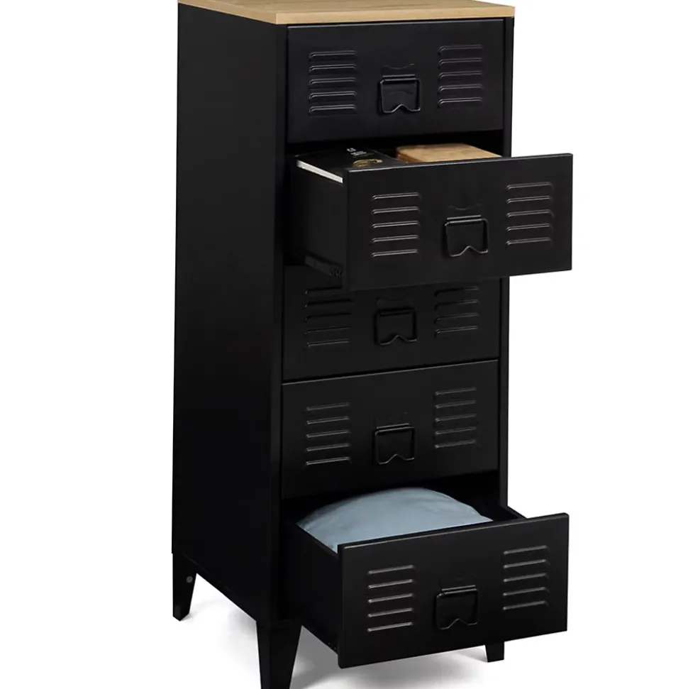 Chiffonnier 5 tiroirs ESTER 40 cm métal noir et plateau façon hêtre design industriel