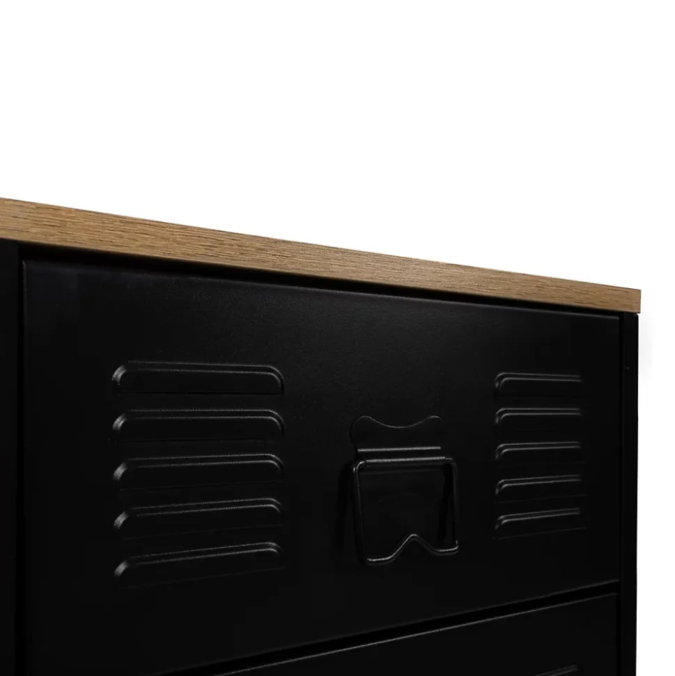Chiffonnier 5 tiroirs ESTER 40 cm métal noir et plateau façon hêtre design industriel