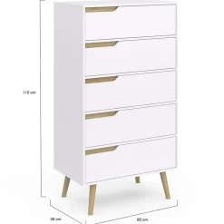Chiffonnier 5 tiroirs HELSINKI 60 cm scandinave blanc commode semainier
