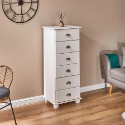 Chiffonnier COLMAR en pin massif lasuré blanc, avec 6 tiroirs