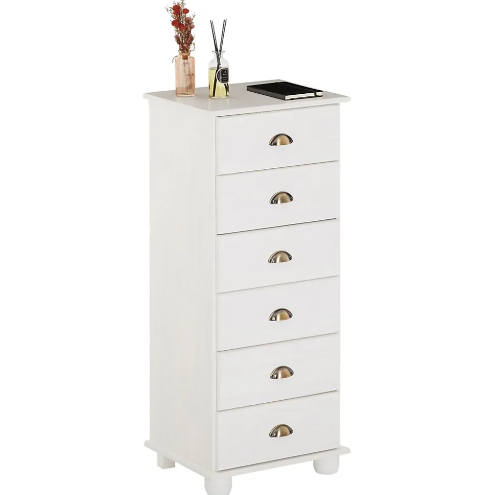 Chiffonnier COLMAR en pin massif lasuré blanc, avec 6 tiroirs