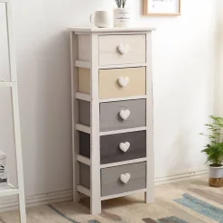 Chiffonnier Commode 5 Tiroirs Bois Blanc Beige Gris 87x37x27