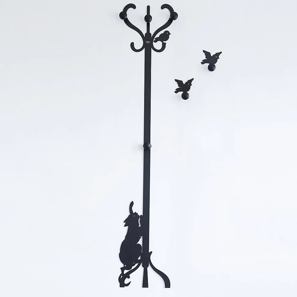 Cintre mural en fer Roméo et les oiseaux avec boutons en bois, Design décoratif Made in Italy 30x130 cm, Style romantique