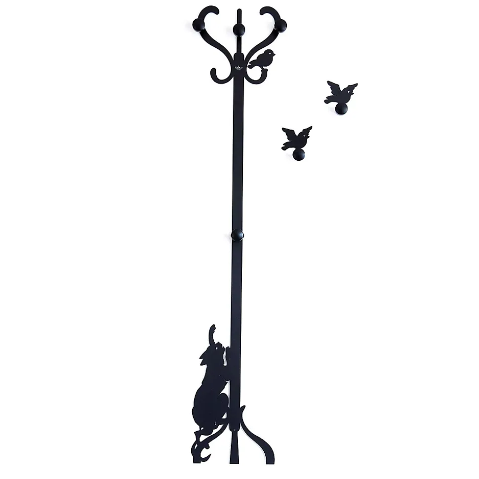 Cintre mural en fer Roméo et les oiseaux avec boutons en bois, Design décoratif Made in Italy 30x130 cm, Style romantique