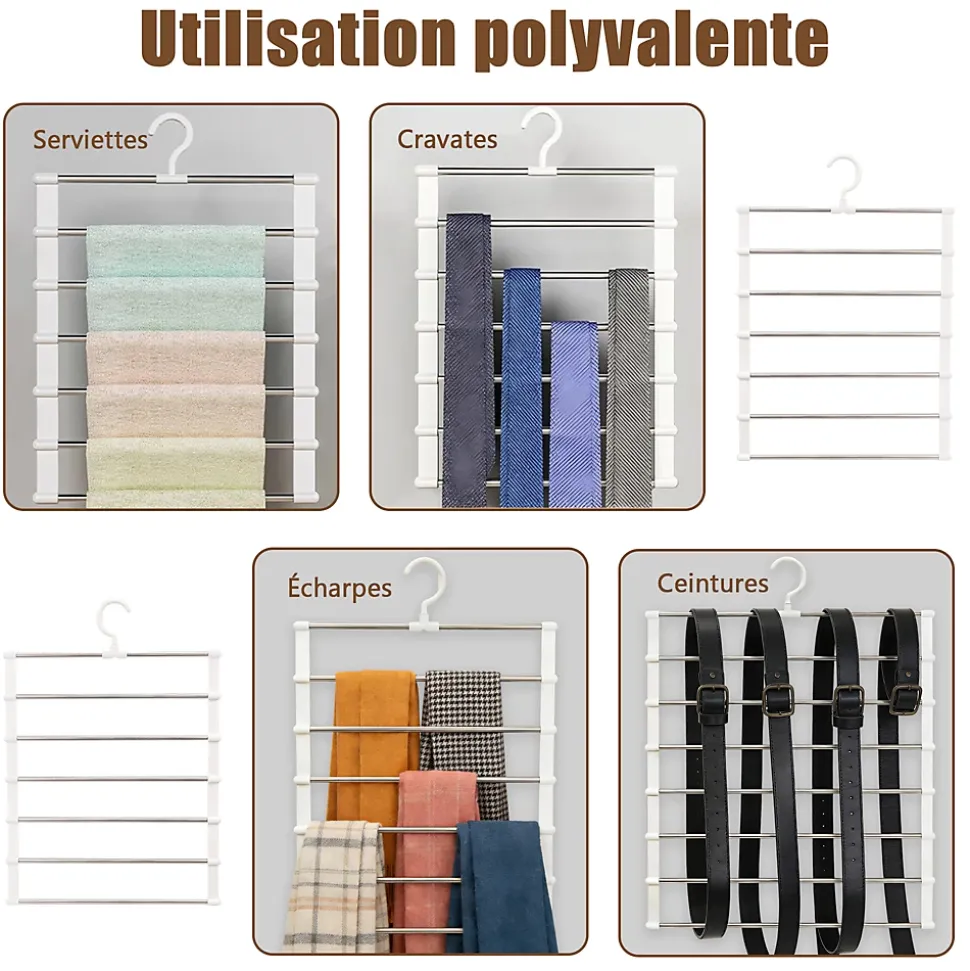 Cintres pantalons lot de 3 pliables en acier inox antidérapant, 7 couches, crochet 360, pour vêtements et accessoires
