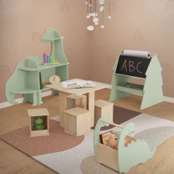 Coffre à jouets design dino bibliothèque bois à roulettes chambre d'enfant