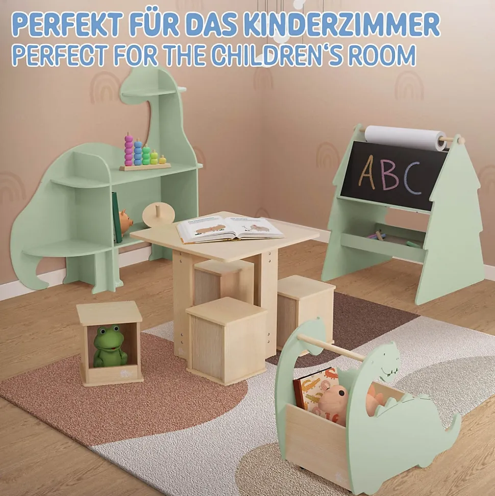 Coffre à jouets design dino bibliothèque bois à roulettes chambre d'enfant