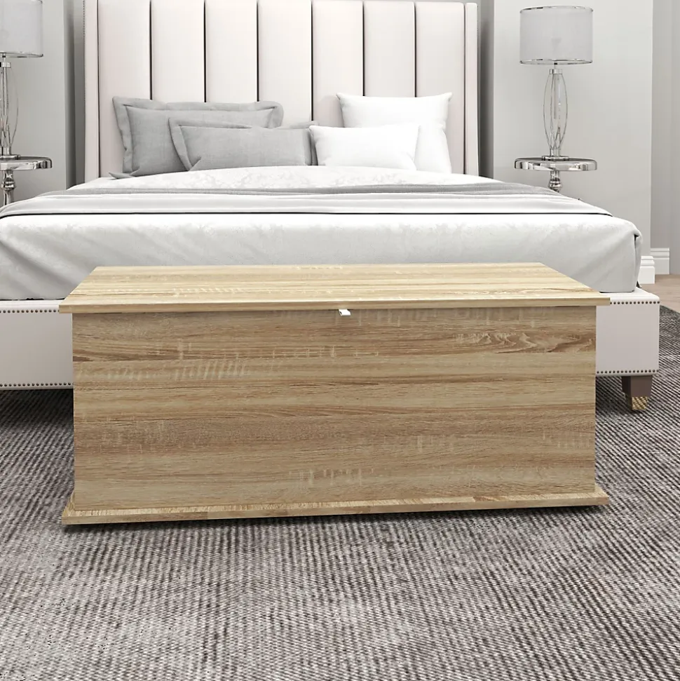 Coffre malle de rangement coffre à jouets dim. 100L x 40l x 40H cm panneaux particules bois chêne
