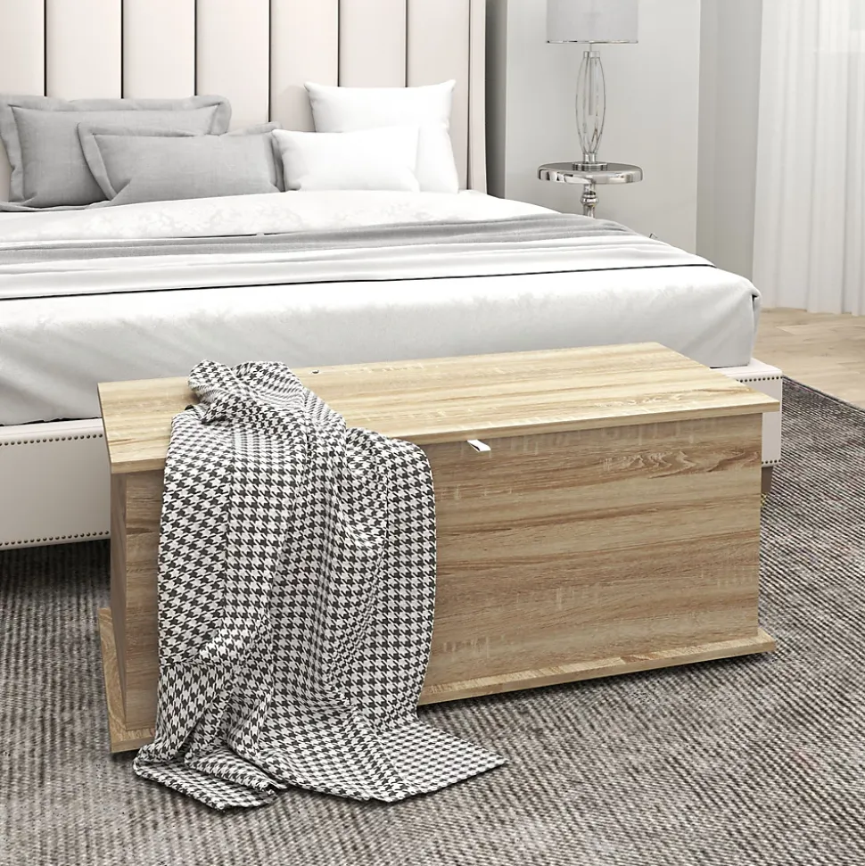 Coffre malle de rangement coffre à jouets dim. 100L x 40l x 40H cm panneaux particules bois chêne