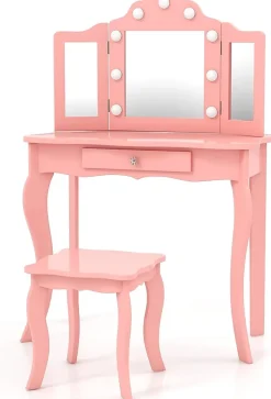 Coiffeuse. 3 Ans Table de Maquillage pour Enfant avec Tabouret Miroir LED à 3 Couleurs Style Princesse