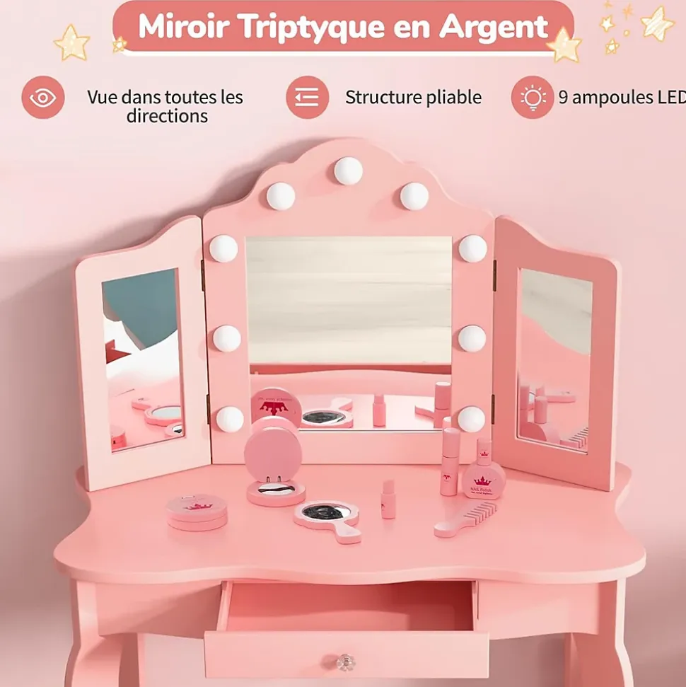 Coiffeuse. 3 Ans Table de Maquillage pour Enfant avec Tabouret Miroir LED à 3 Couleurs Style Princesse