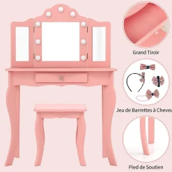 Coiffeuse. 3 Ans Table de Maquillage pour Enfant avec Tabouret Miroir LED à 3 Couleurs Style Princesse