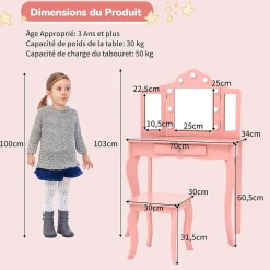 Coiffeuse. 3 Ans Table de Maquillage pour Enfant avec Tabouret Miroir LED à 3 Couleurs Style Princesse