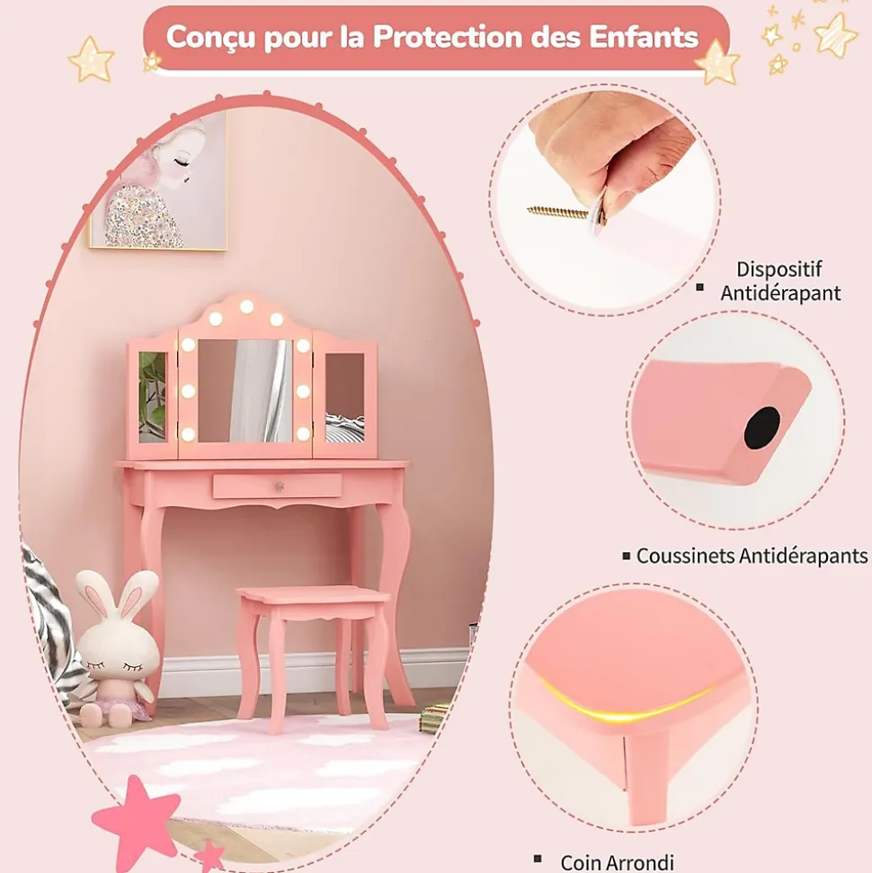 Coiffeuse. 3 Ans Table de Maquillage pour Enfant avec Tabouret Miroir LED à 3 Couleurs Style Princesse