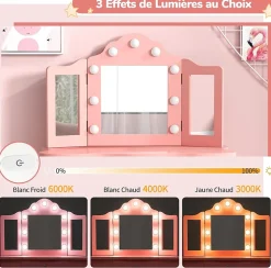 Coiffeuse. 3 Ans Table de Maquillage pour Enfant avec Tabouret Miroir LED à 3 Couleurs Style Princesse