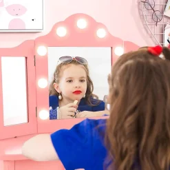 Coiffeuse. 3 Ans Table de Maquillage pour Enfant avec Tabouret Miroir LED à 3 Couleurs Style Princesse