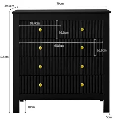 Coiffeuse 79 cm à 5 tiroirs avec façades structurées, poignées dorées et finition noire moderne, pieds renforcés
