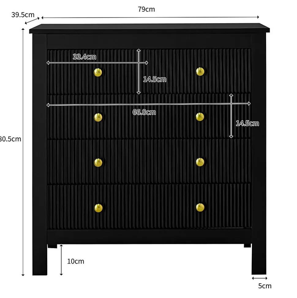 Coiffeuse 79 cm à 5 tiroirs avec façades structurées, poignées dorées et finition noire moderne, pieds renforcés