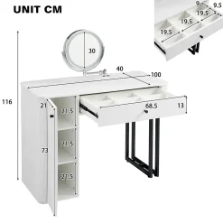 Coiffeuse 100 cm avec miroir LED 3 tons, tiroir et placard, plateau blanc et structure métal noir