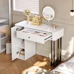 Coiffeuse 100 cm avec miroir LED 3 tons, tiroir et placard, plateau blanc et structure métal noir