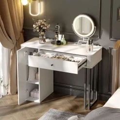 Coiffeuse 100 cm avec miroir LED 3 tons, tiroir et placard, plateau blanc et structure métal noir