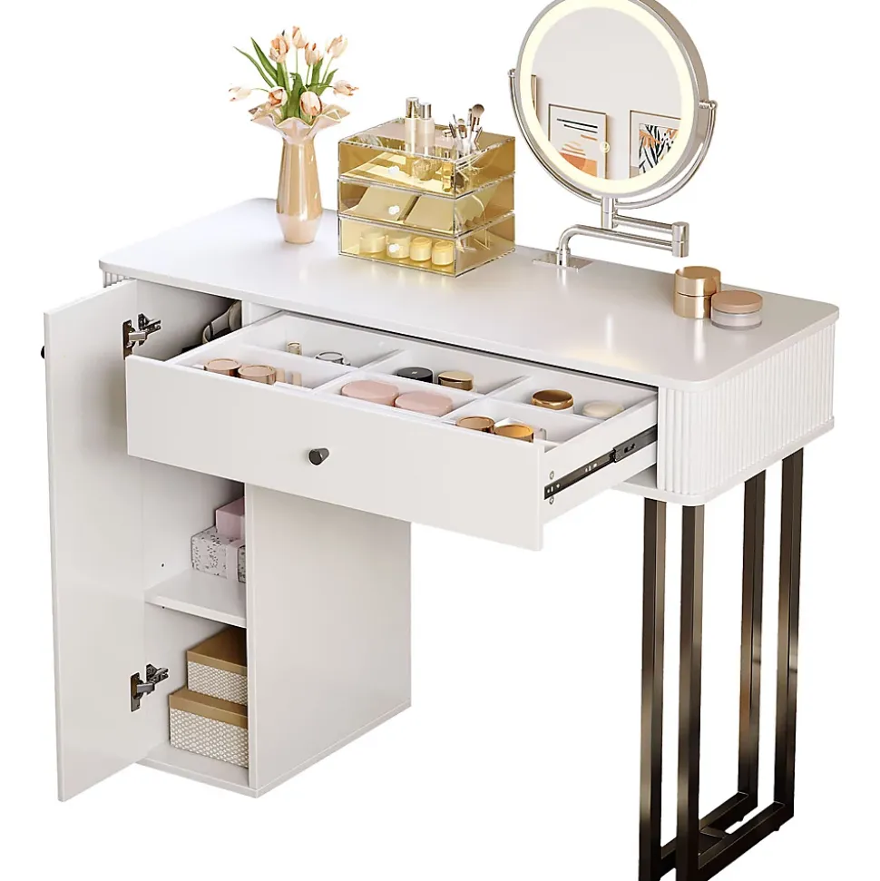 Coiffeuse 100 cm avec miroir LED 3 tons, tiroir et placard, plateau blanc et structure métal noir