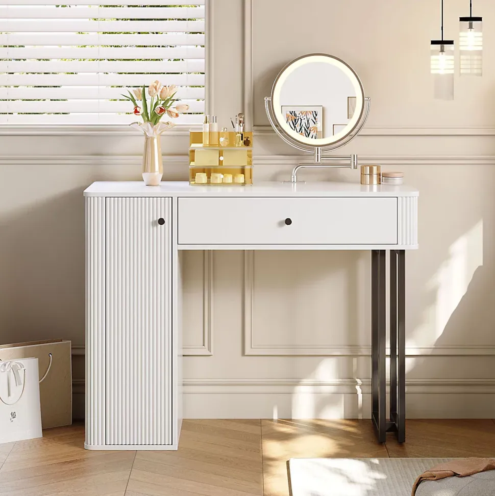 Coiffeuse 100 cm avec miroir LED 3 tons, tiroir et placard, plateau blanc et structure métal noir