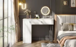 Coiffeuse 100 cm avec miroir LED 3 tons, tiroir et placard, plateau blanc et structure métal noir