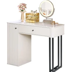 Coiffeuse 100 cm avec miroir LED 3 tons, tiroir et placard, plateau blanc et structure métal noir