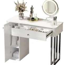Coiffeuse 100 cm avec miroir LED 3 tons, tiroir et placard, plateau blanc et structure métal noir