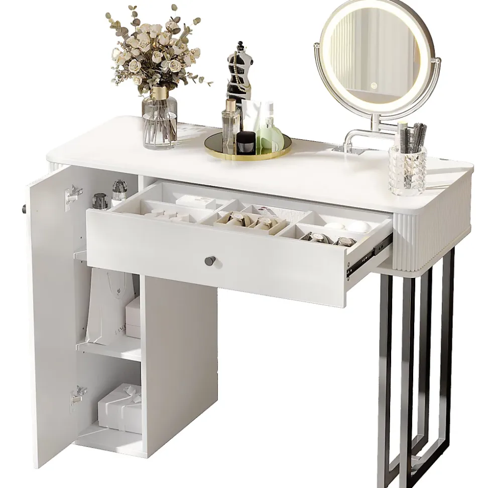 Coiffeuse 100 cm avec miroir LED 3 tons, tiroir et placard, plateau blanc et structure métal noir