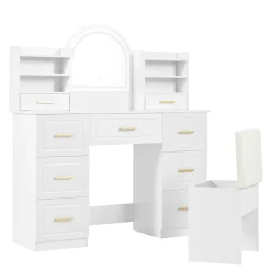 Coiffeuse 120 cm avec miroir lumineux à éclairage led 3 couleurs, 9 tiroirs et grands rangements, style moderne blanc élégant