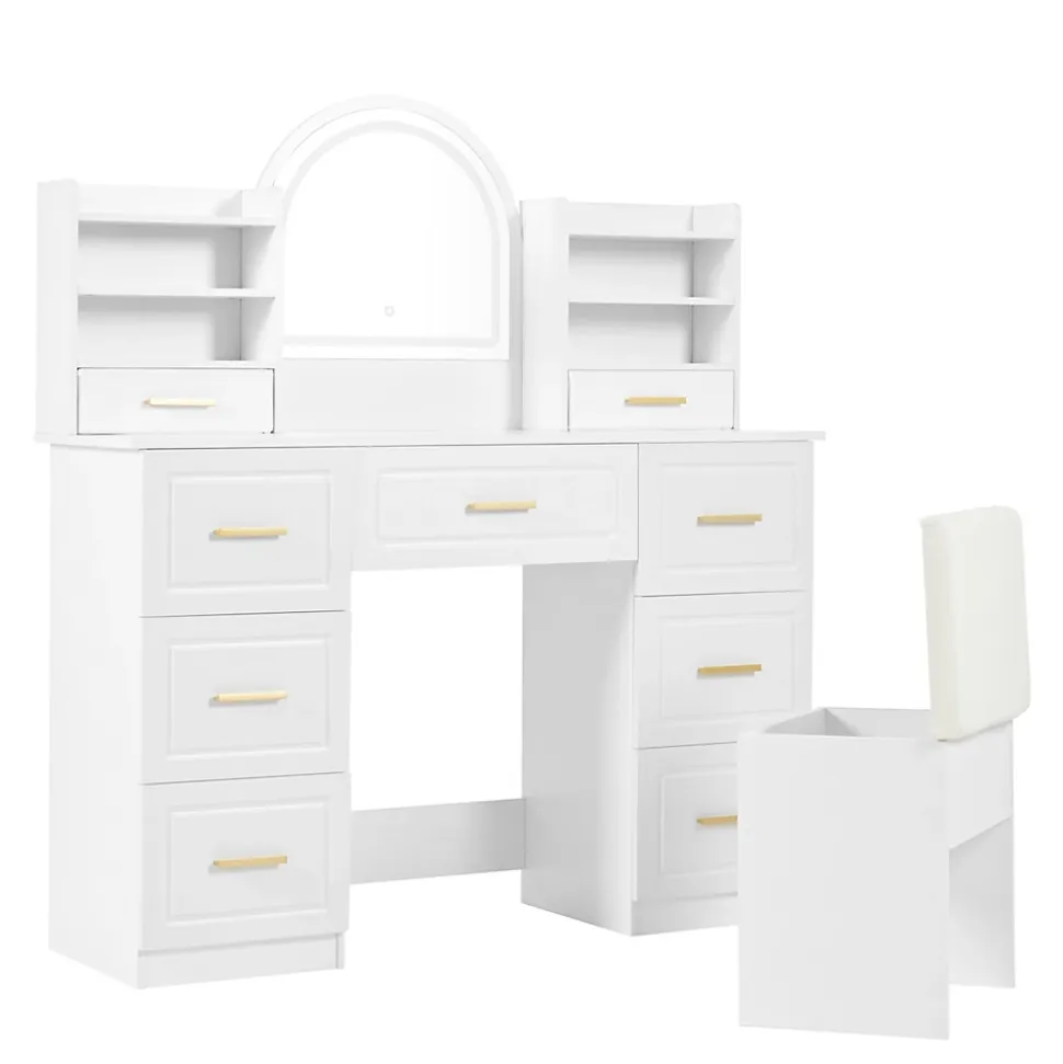 Coiffeuse 120 cm avec miroir lumineux à éclairage led 3 couleurs, 9 tiroirs et grands rangements, style moderne blanc élégant