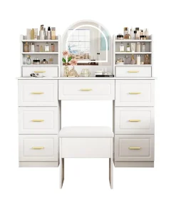 Coiffeuse 120 cm avec miroir lumineux à éclairage led 3 couleurs, 9 tiroirs et grands rangements, style moderne blanc élégant