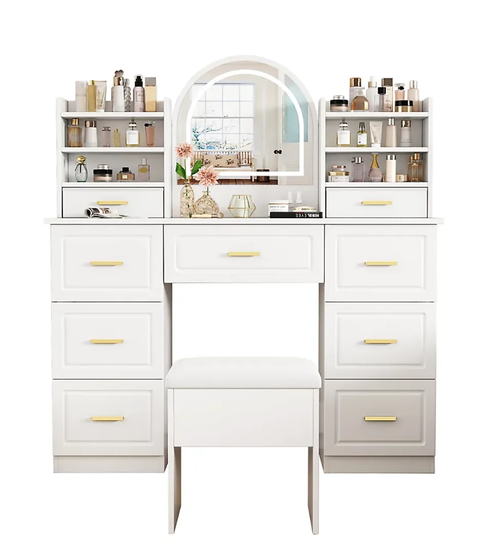 Coiffeuse 120 cm avec miroir lumineux à éclairage led 3 couleurs, 9 tiroirs et grands rangements, style moderne blanc élégant