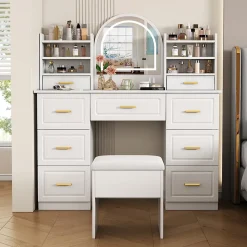 Coiffeuse 120 cm avec miroir lumineux à éclairage led 3 couleurs, 9 tiroirs et grands rangements, style moderne blanc élégant