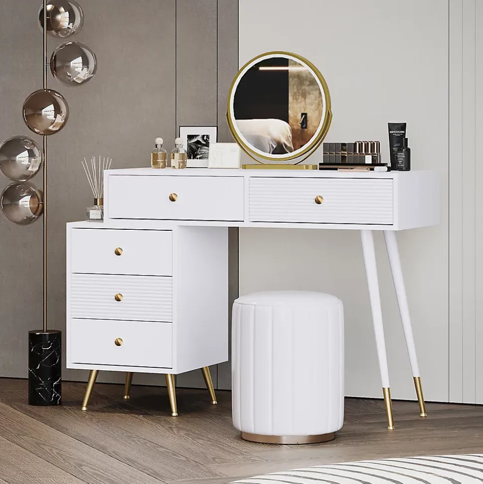 Coiffeuse 100 cm avec miroir LED tactile et caisson modulable, plateau spacieux et finitions blanches