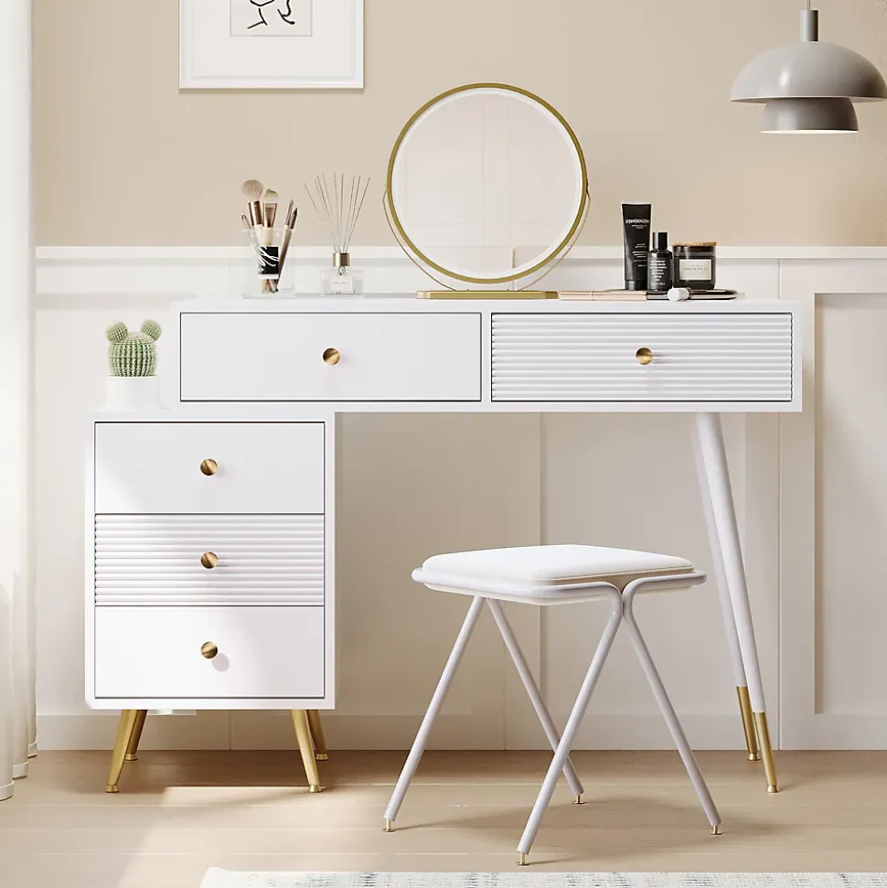 Coiffeuse 100 cm avec miroir LED tactile et caisson modulable, plateau spacieux et finitions blanches