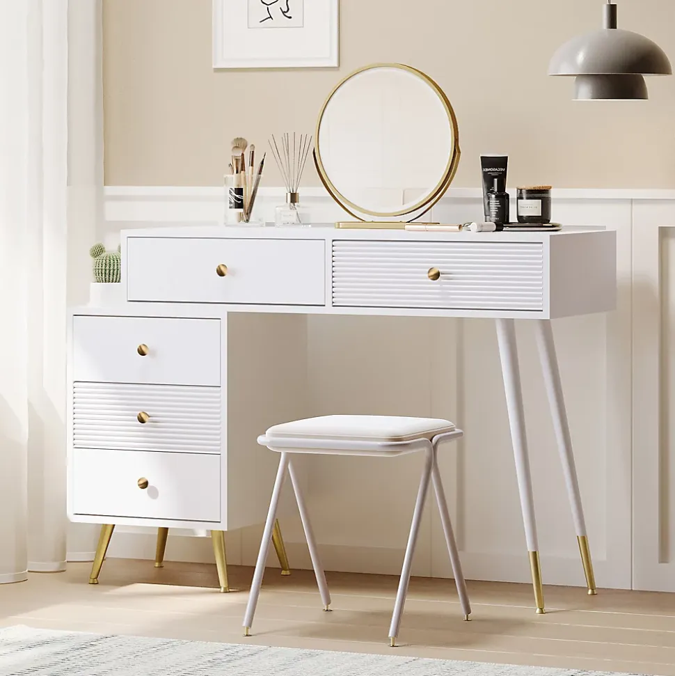 Coiffeuse 100 cm avec miroir LED tactile et caisson modulable, plateau spacieux et finitions blanches