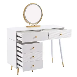 Coiffeuse 100 cm avec miroir LED tactile et caisson modulable, plateau spacieux et finitions blanches