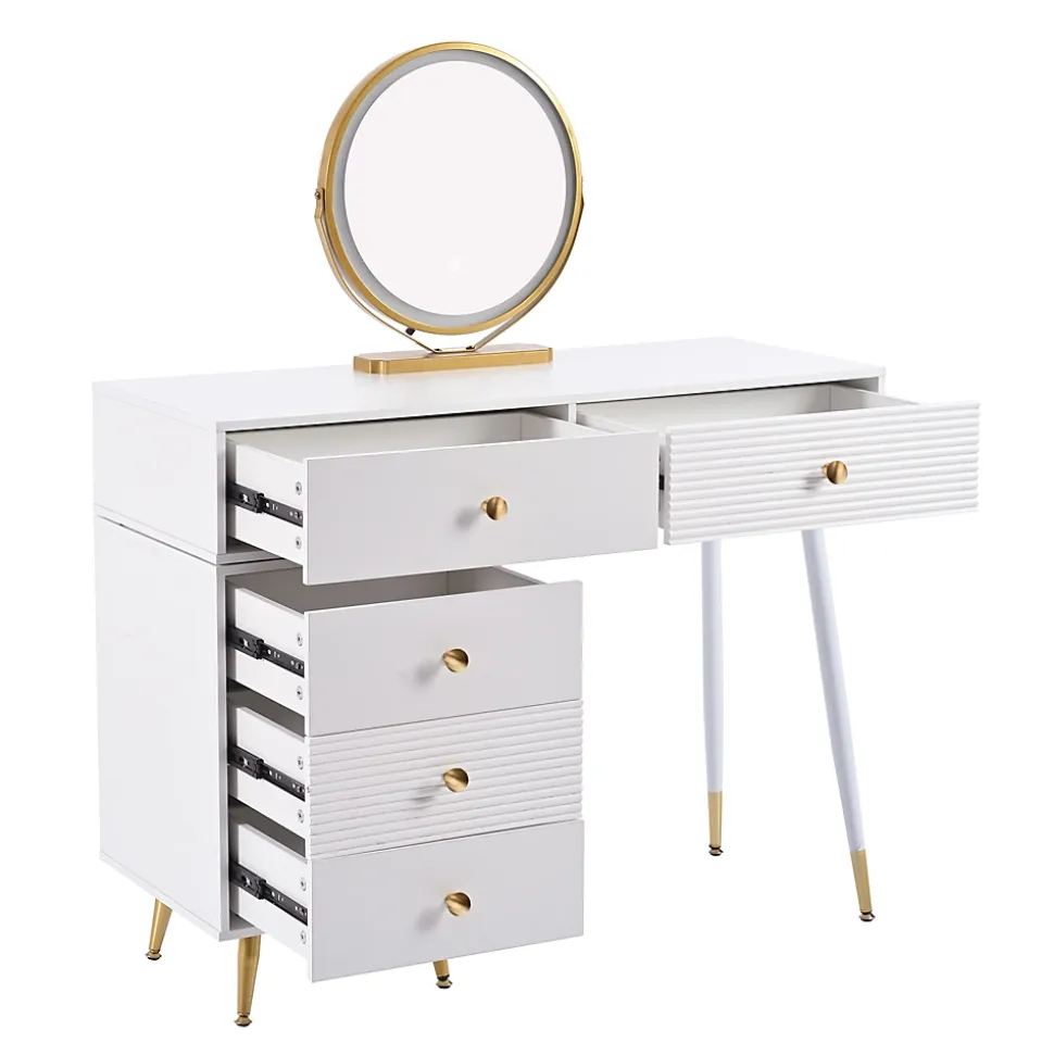 Coiffeuse 100 cm avec miroir LED tactile et caisson modulable, plateau spacieux et finitions blanches