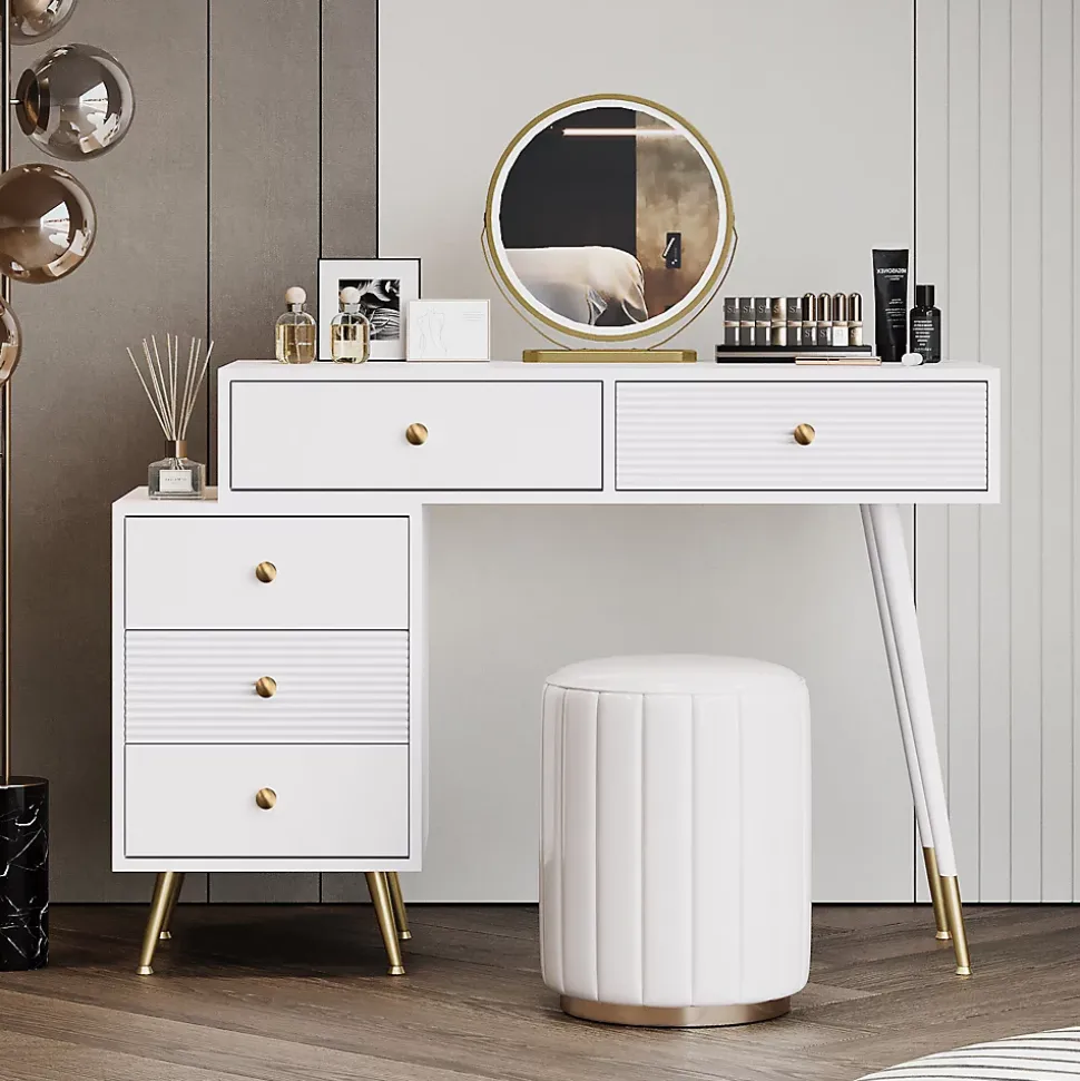 Coiffeuse 100 cm avec miroir LED tactile et caisson modulable, plateau spacieux et finitions blanches