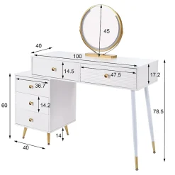 Coiffeuse 100 cm avec miroir LED tactile et caisson modulable, plateau spacieux et finitions blanches