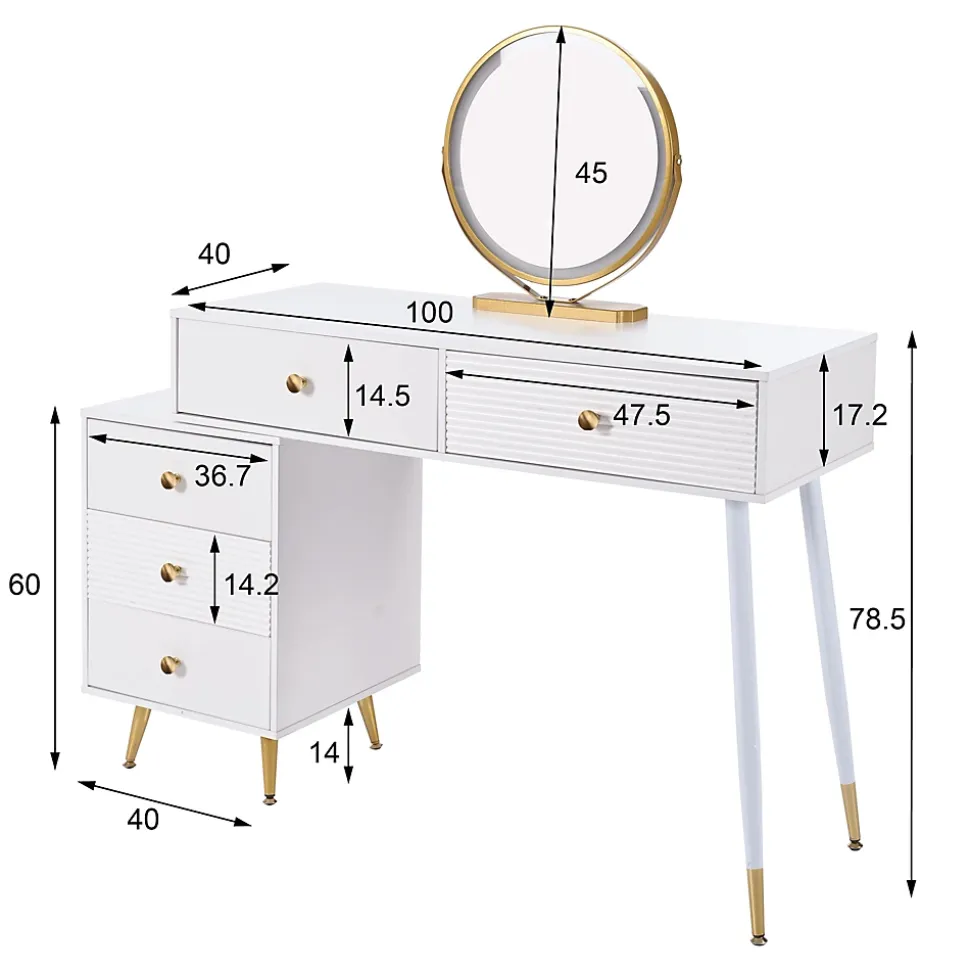 Coiffeuse 100 cm avec miroir LED tactile et caisson modulable, plateau spacieux et finitions blanches